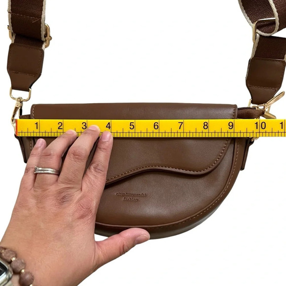 Vegan Leather Crescent Shoulder handbag with Adjustable Guitar Strap Brown - Picture 7 of 10